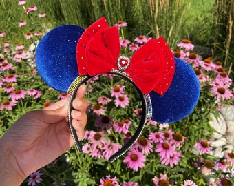 Snow White Velvet Mouse Ears, Rhinestone Jewel Headband, Red  display picture 2