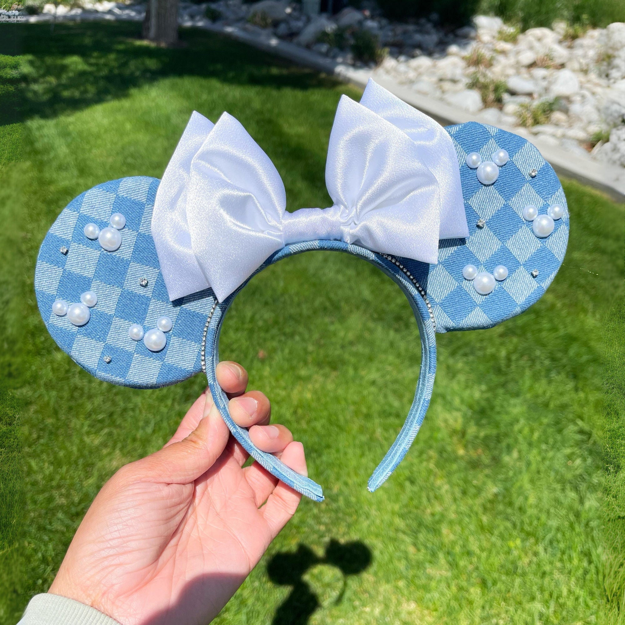 NWOT Handmade White Lace Ears and Blue Denim Bow Minnie Mouse Ears Headband Denim Bow Minnie Mouse Ears | Denim Minnie Mouse Ears | - Etsy main image 2