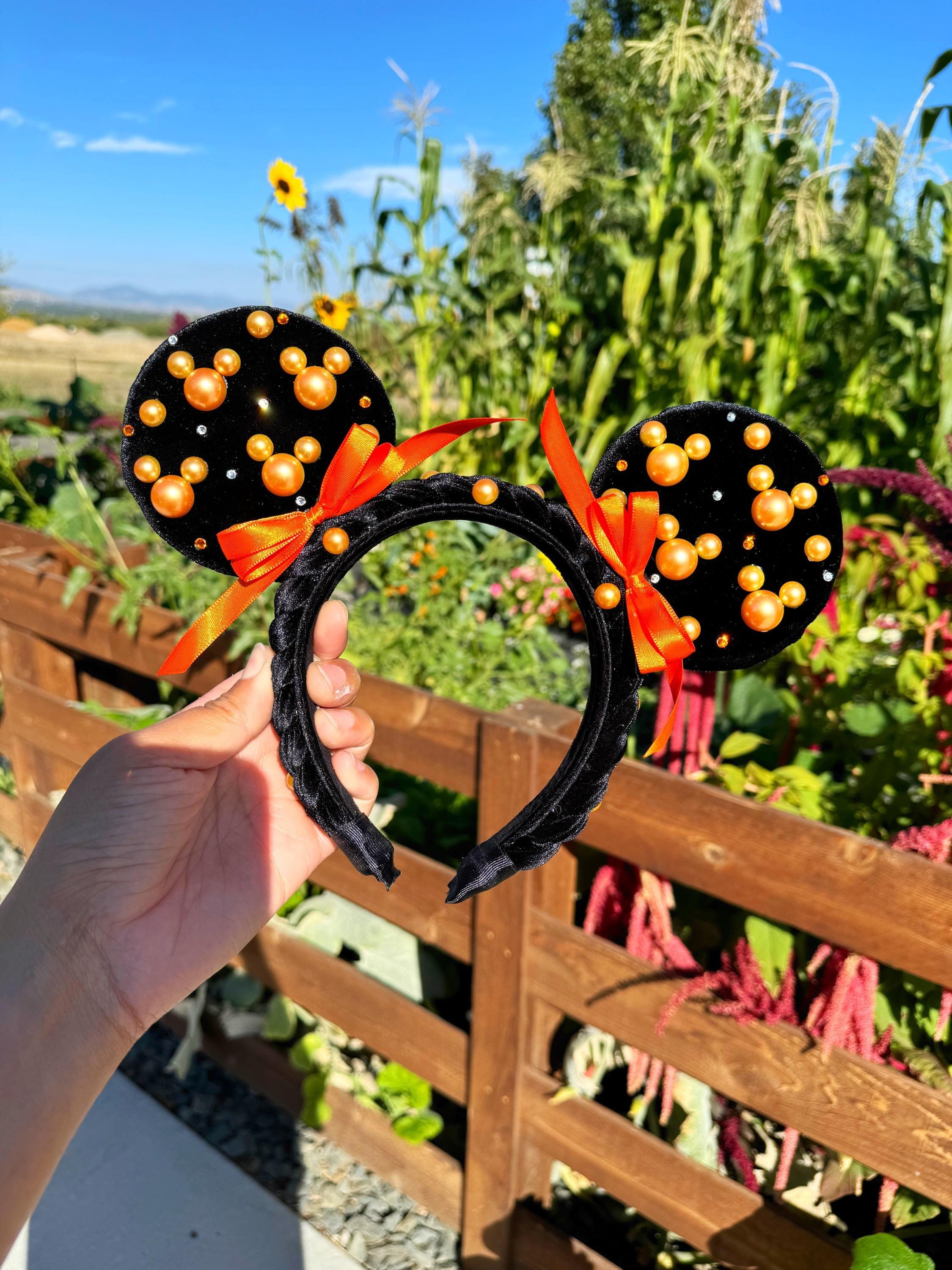 Disney Black and Orange Pearl Minnie Mouse Ears Headband Halloween Web Adult Minnie Mouse Ears, Orange & Black  main image 2