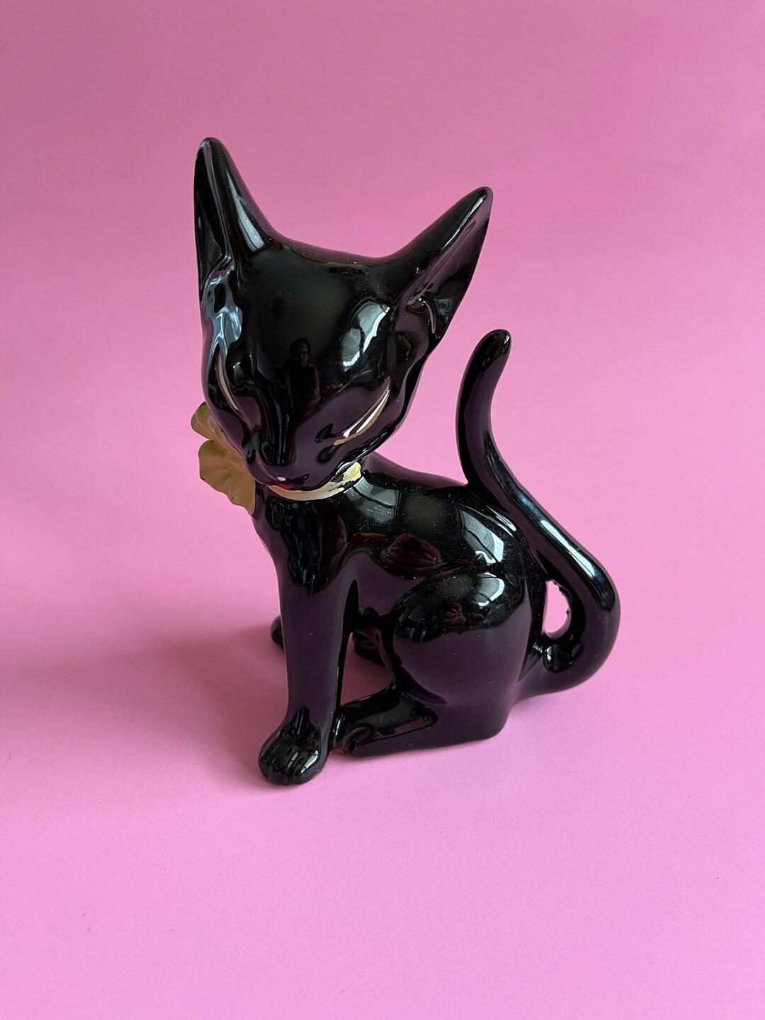 Vintage Black, Porcelain Cat With Yellow Bowtie. Excellent Used