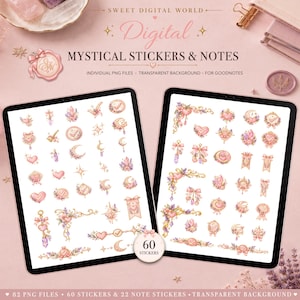 Puede incluir: Un conjunto digital de 60 pegatinas y notas místicas mostrado en dos pantallas de tableta. La colección presenta ilustraciones en rosa y oro de corazones, lunas, cristales, lazos y marcas de verificación, con el texto SWEET DIGITAL WORLD.