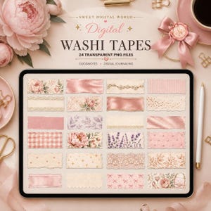 Puede incluir: Una pantalla de tableta digital que muestra 24 diseños rectangulares de cinta washi en varios tonos de rosa, crema y beige. Los patrones incluyen motivos florales, texturas de encaje, cuadros vichy, perlas, lazos y estrellas con bordes rasgados.