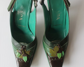 PRADA Forest Green Leather Heels With Leaf& Acorn F/W 1999 | SIZE