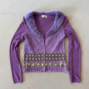 Blumarine Purple Fur Beaded Cardigan
