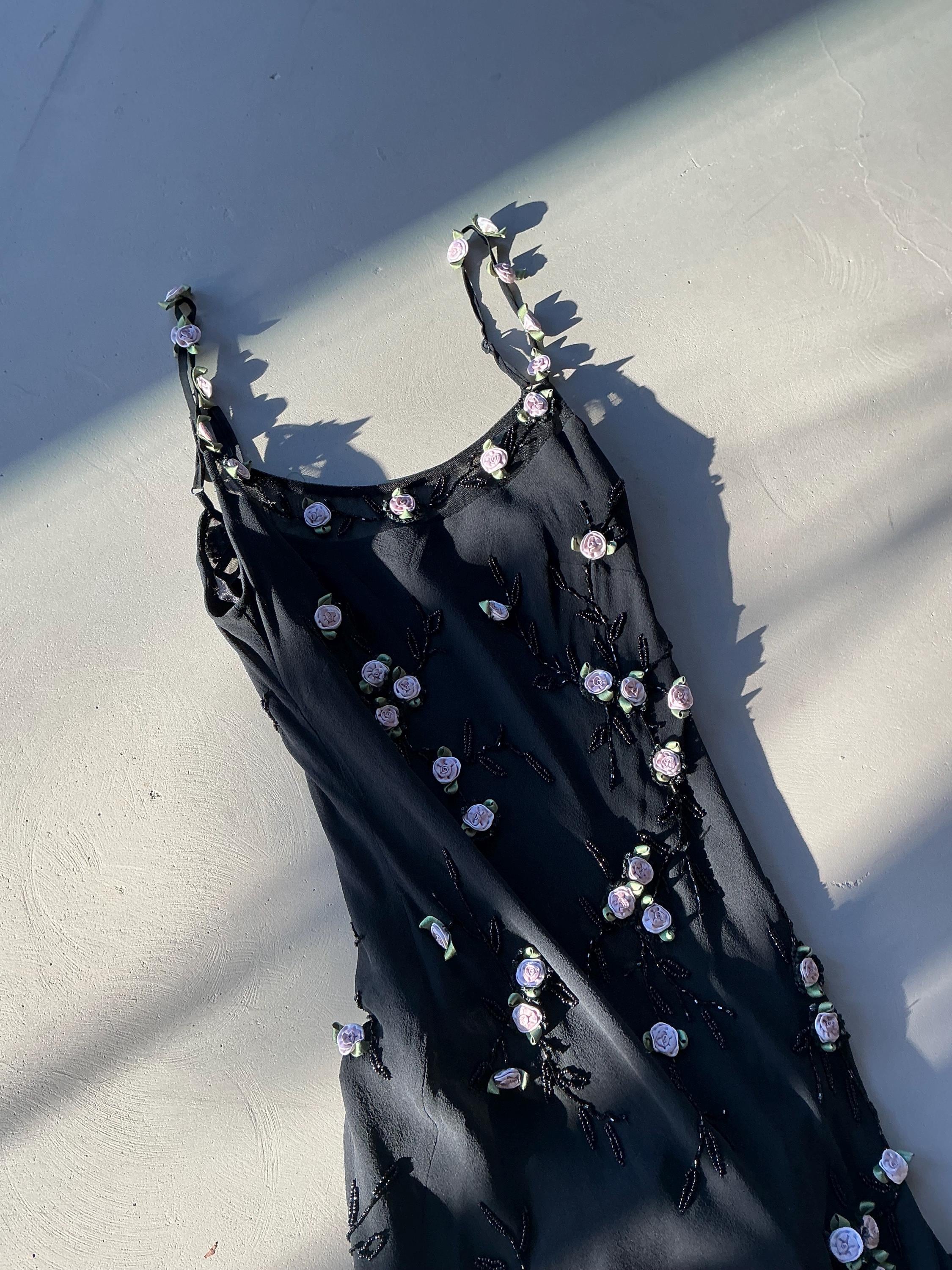 Cache Black Silk Rosette Embellished Dress - Etsy Cache Black Silk Rosette Embellished Dress - Etsy