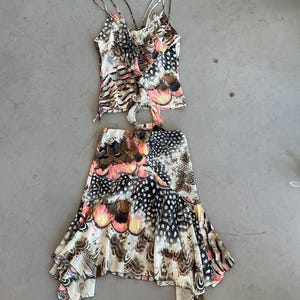 Roberto Cavalli feather print top and skirt set