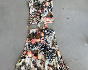 Roberto Cavalli feather print top and skirt set