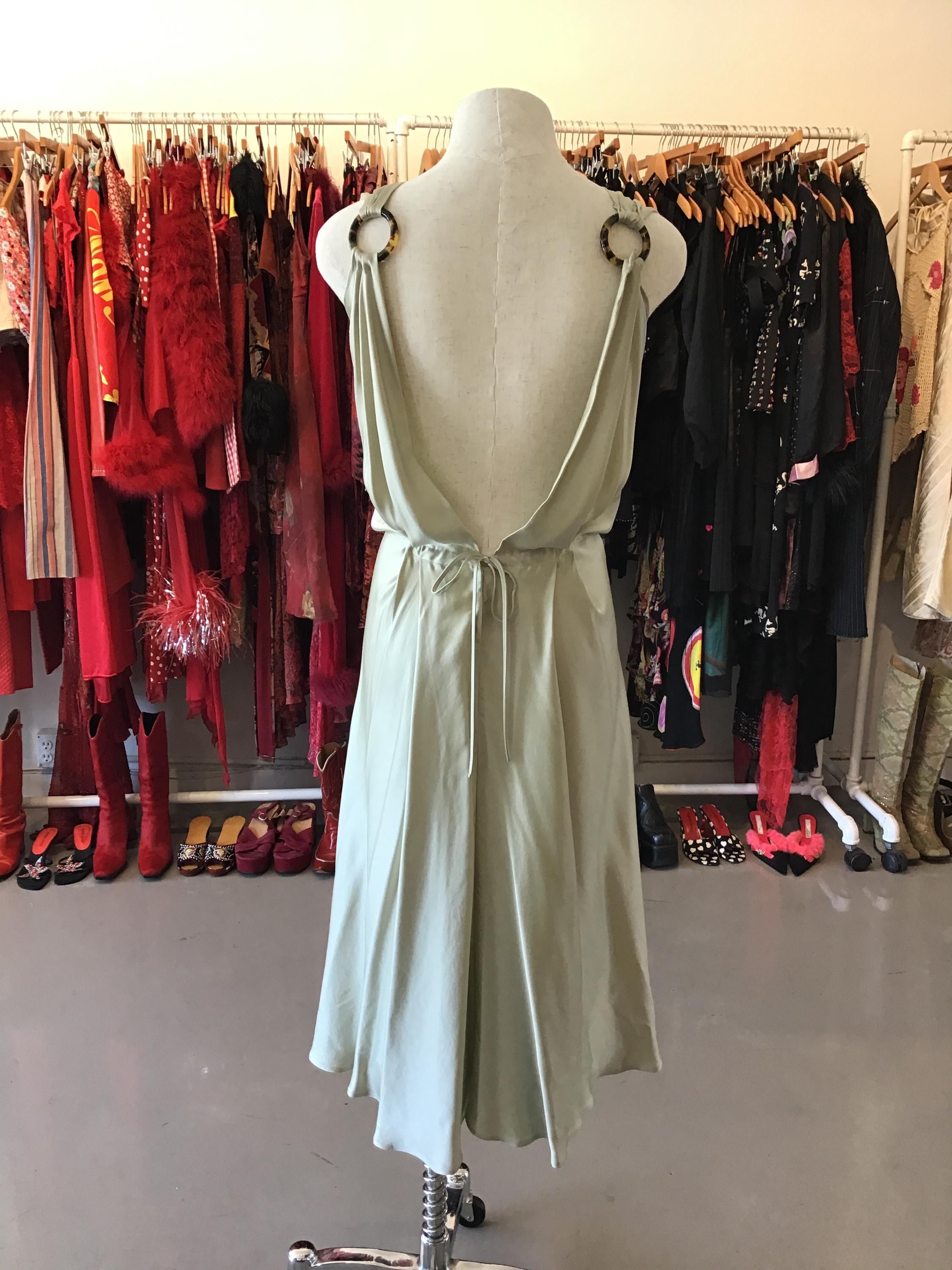 Alberta Ferretti Sage Green Silk Dress with O-Ring Details