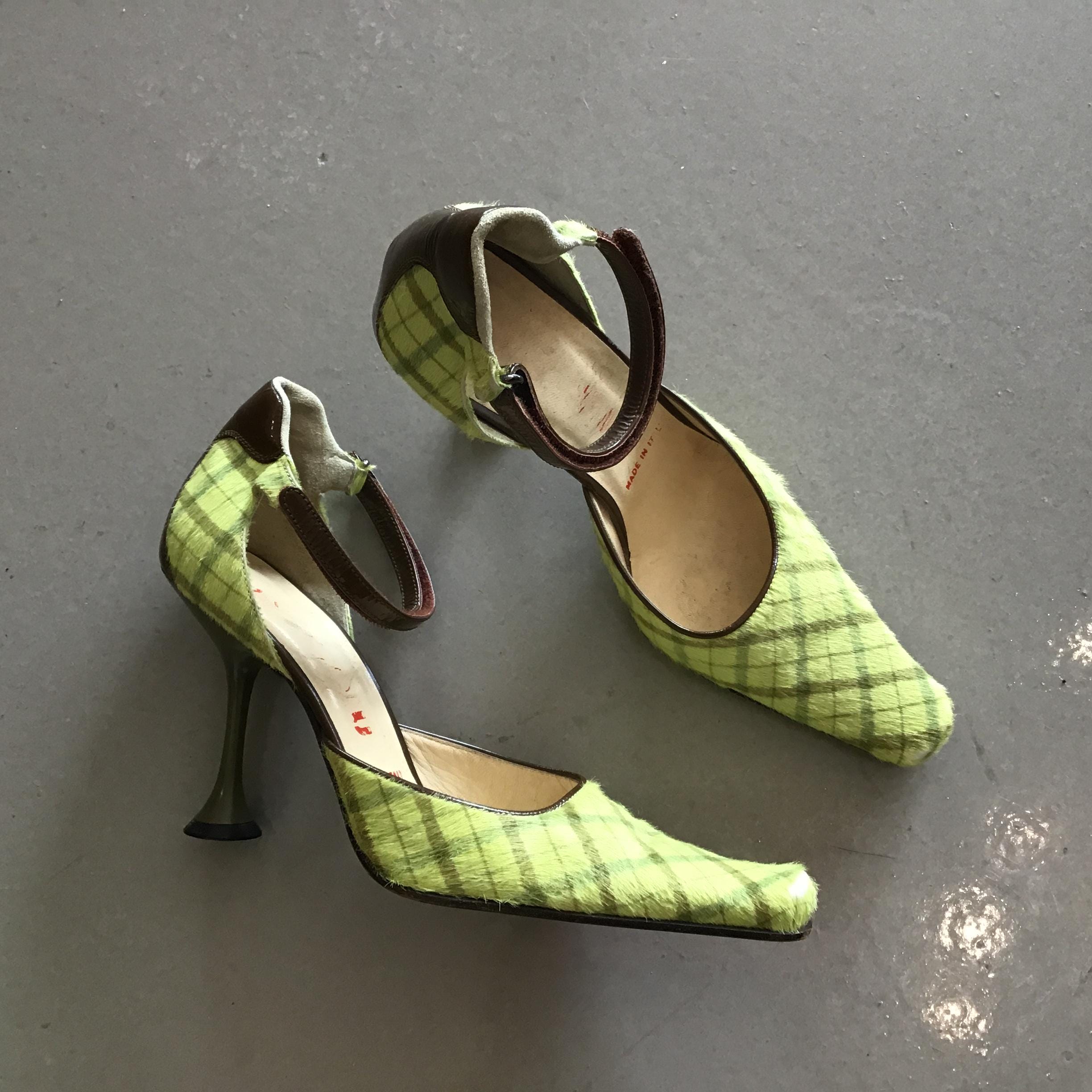 Miu Miu Green Plaid Pony Hair Heels - Etsy