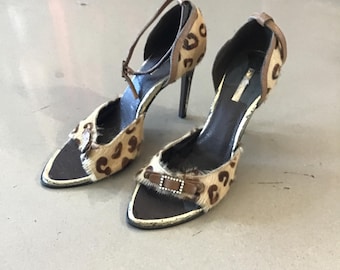 Michael Antonio Fur Leopard Heels with Crystal Buckle Strap