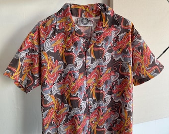 Vintage Dragon Print Short Sleeve Button-Down Shirt