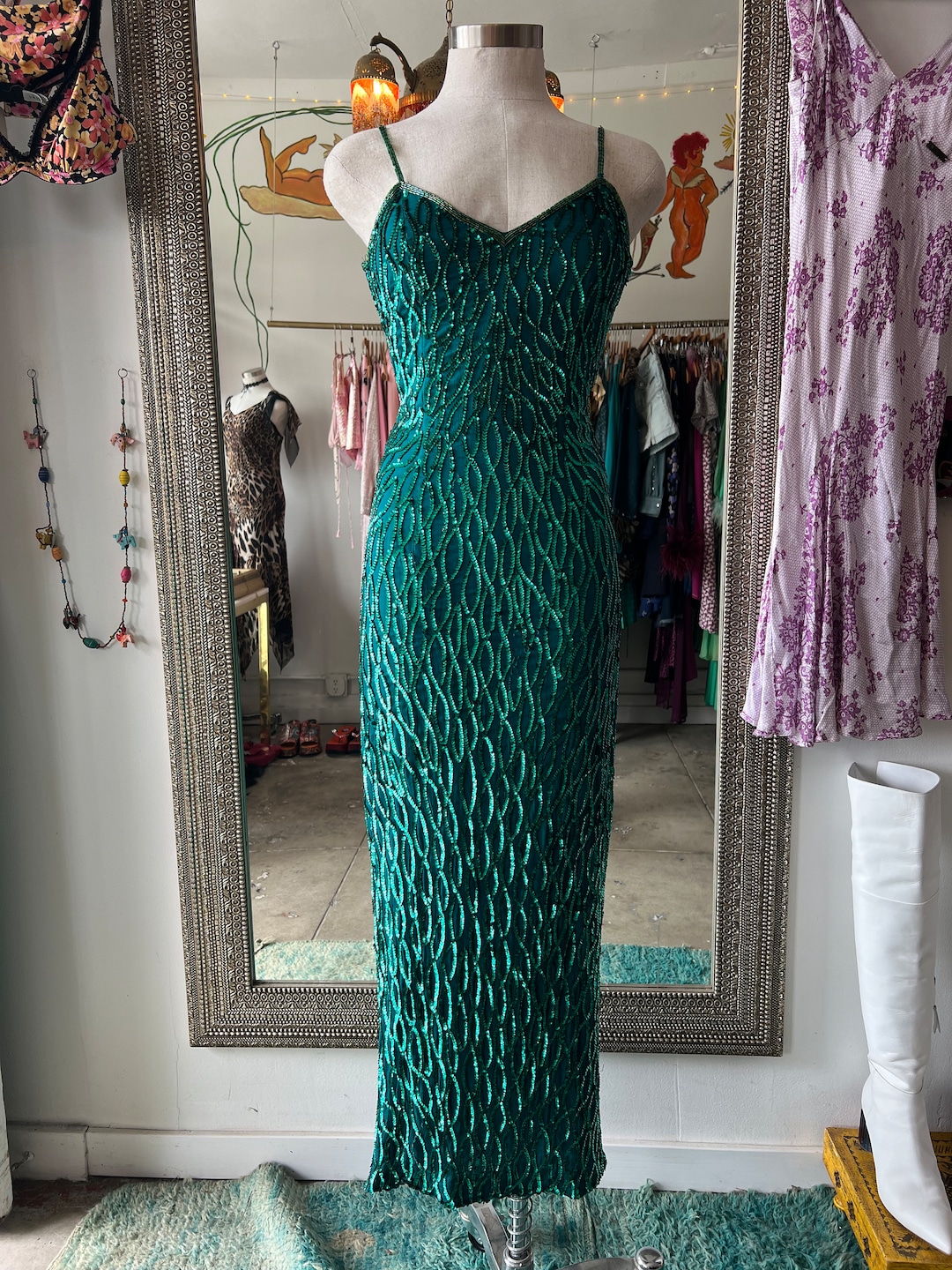 green emerald velvet dress Green Sequin Halter Long Sleeve Short Party Dress – Modsele main image 0