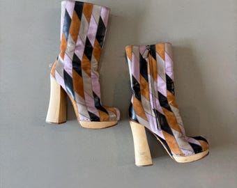 Prada diamond patchwork orange purple wooden heeled boots