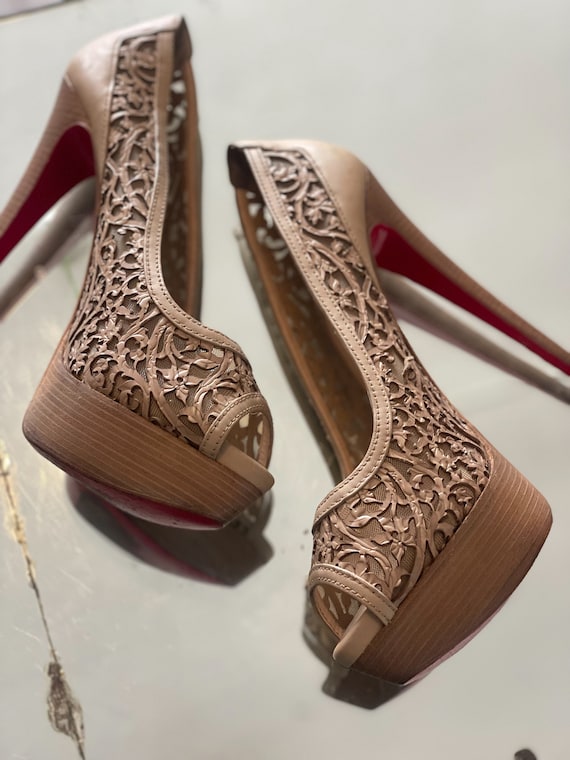 Christian Louboutin Laser Cut Platform Peep Toe Pu