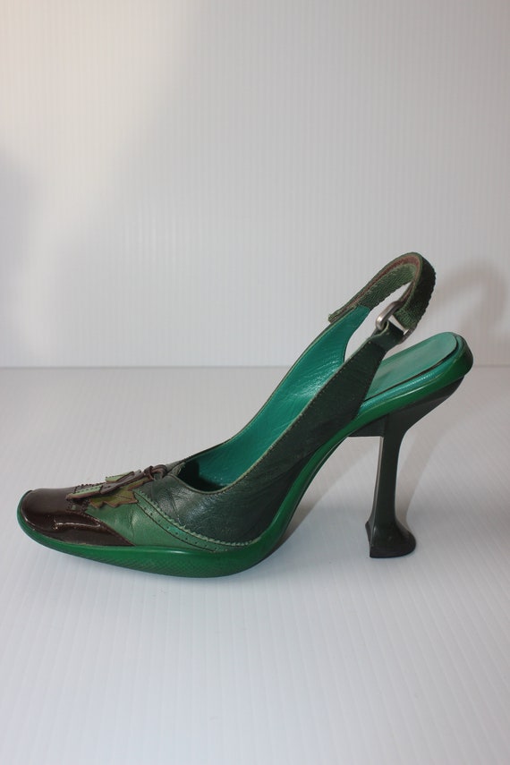 PRADA Forest Green Leather Heels With Leaf& Acorn F/W 1999
