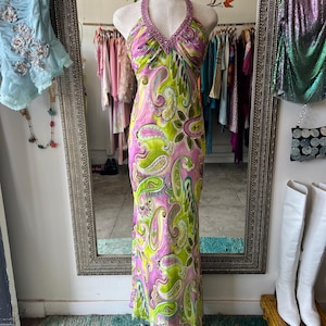 Green and Purple Paisley Print Embellished Silk Dress