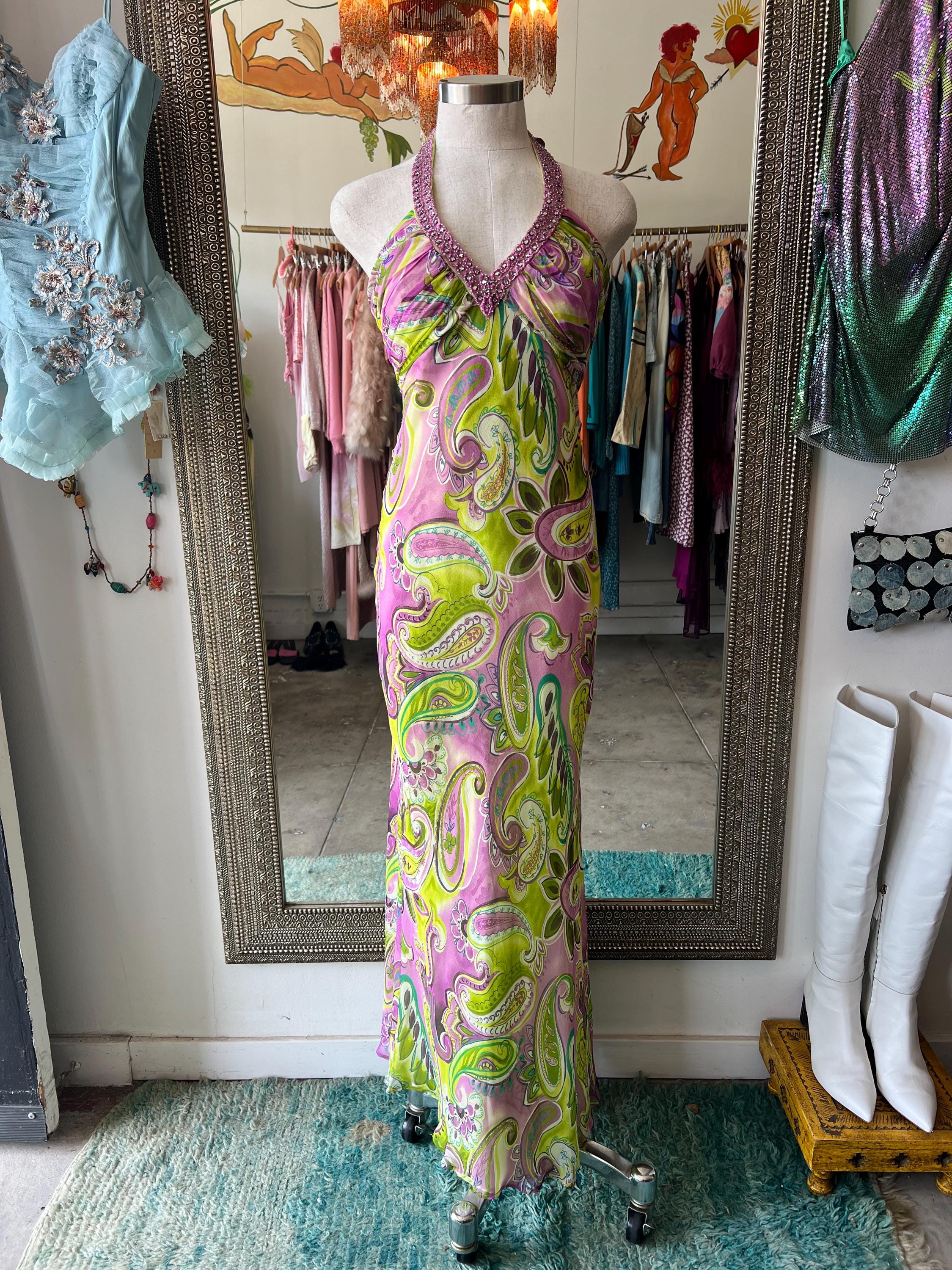 Green and Purple Paisley Print Embellished Silk Dress - Etsy