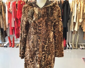 パッチワークのヒョウ柄フード付きファーコート - Etsy 日本