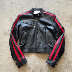 Black Leather Biker Jacket with Red Stripes