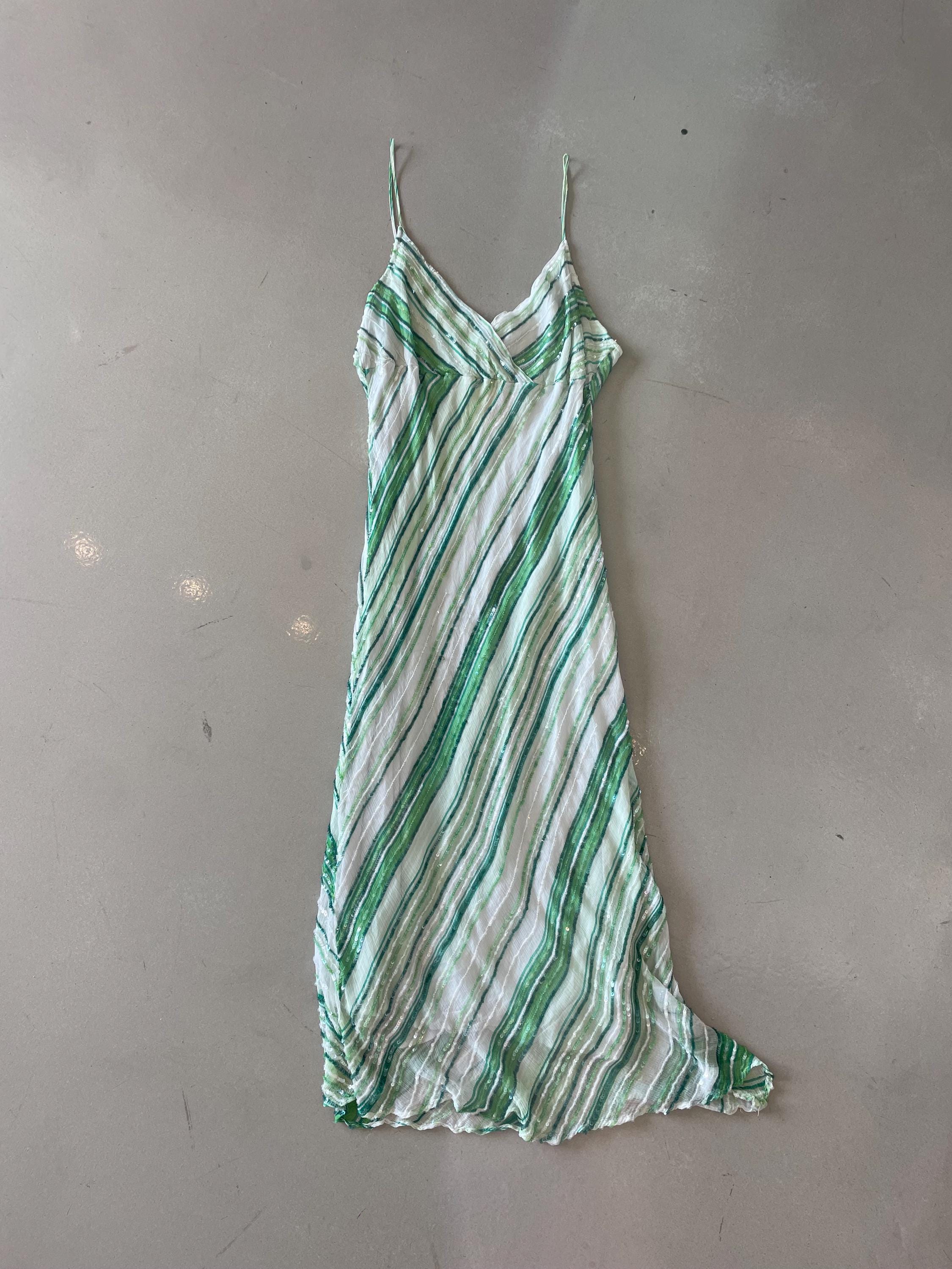green and white striped maxi dress Lewisa Stripe worn on or off the shoulders Amitie White and Green Slanted