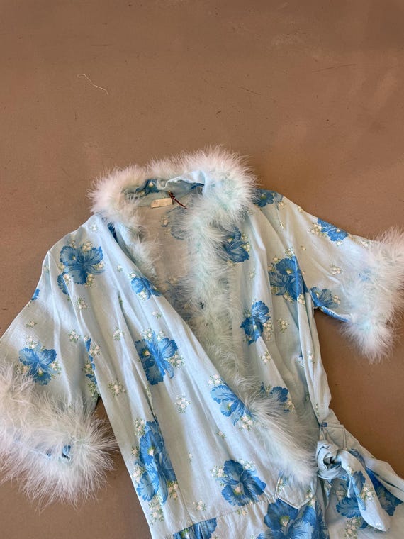 1970's Blue Floral Feather-lined Robe - Gem