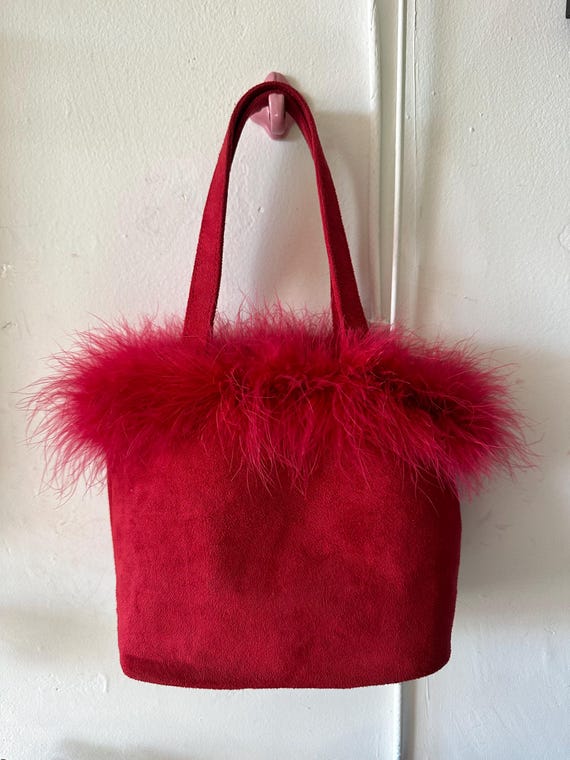 Red Fur Trimmed Mini Bucket Bag - image 3