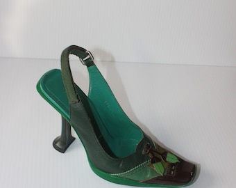 PRADA Forest Green Leather Heels With Leaf& Acorn F/W 1999 | SIZE