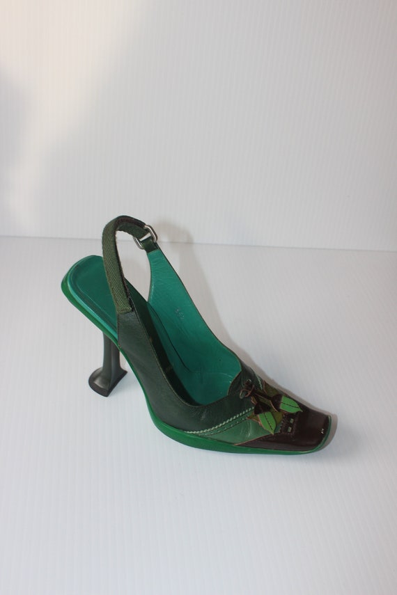 PRADA Forest Green Leather Heels With Leaf& Acorn F/W 1999 | SIZE