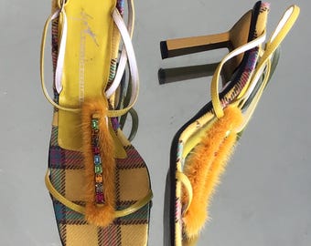 Guiseppe Zanotti Design plaid yellow furry heels