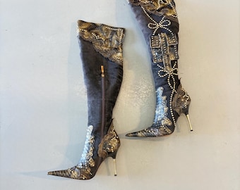 Lavorazione Artigiana Hamlet couture brown leather python snakeskin bow boots