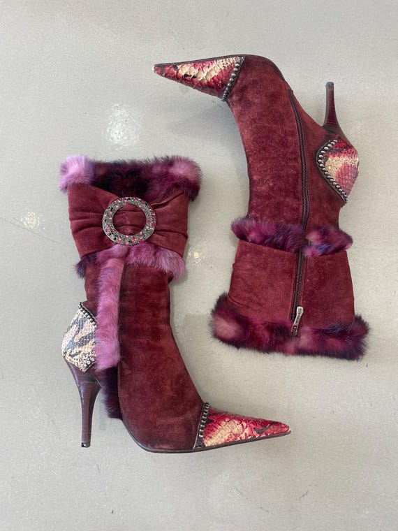 El Dantes Magenta Fur Suede Snakeskin Heeled Boots - Etsy Denmark