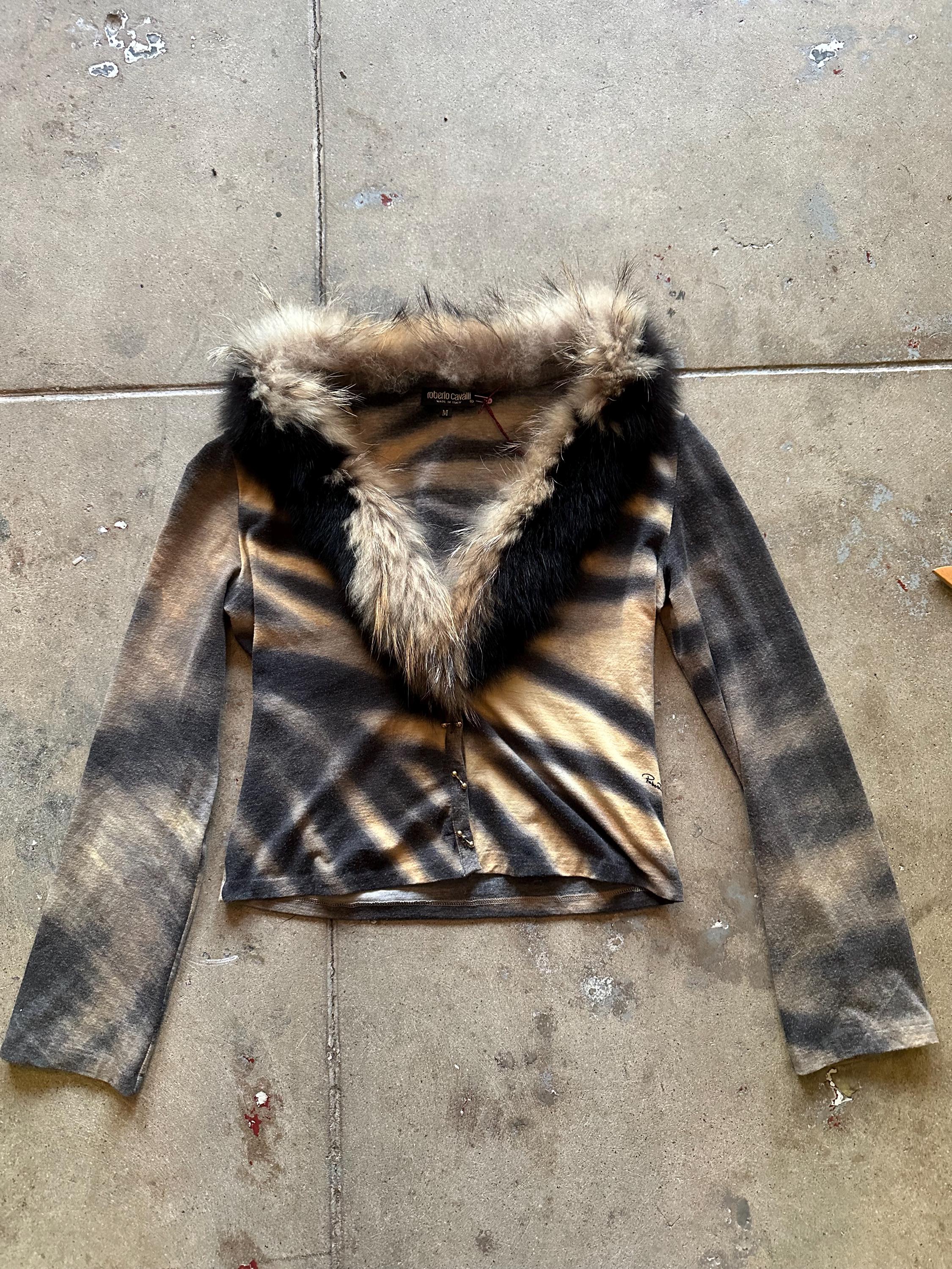 Roberto Cavalli Top a righe con collo in pelliccia Italia