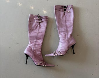 Lavender Italian Leather Strap Pointed Boots
