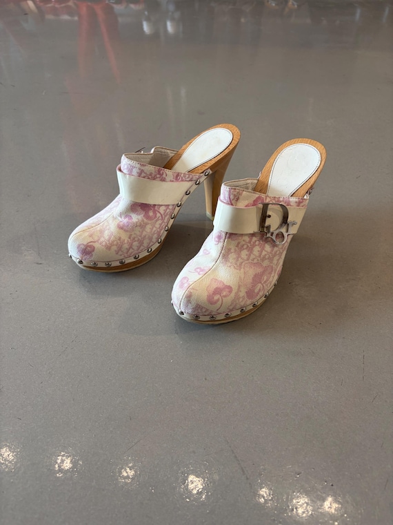 Dior White and Pink Floral Printed Wooden Clog Heels - Etsy