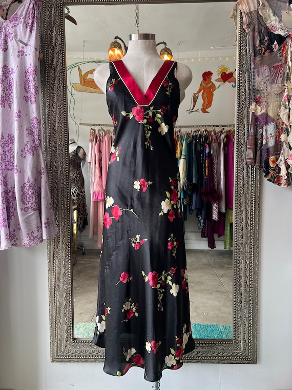 Black Slip Dress with Red and White Flowers