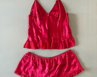 Victorias Secret red rosette silk two piece lingerie pajama set
