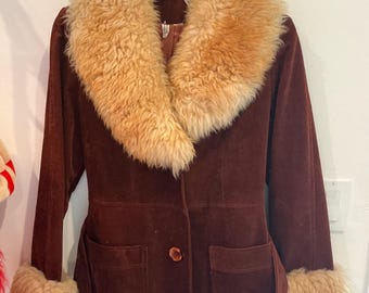 Brown Velvet Jacket with Fur Trim and Belt