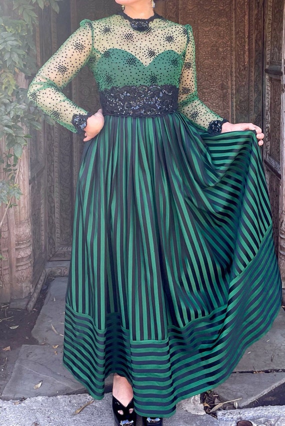 Victor Costa Green and Black Stripped Formal Dress - image 1