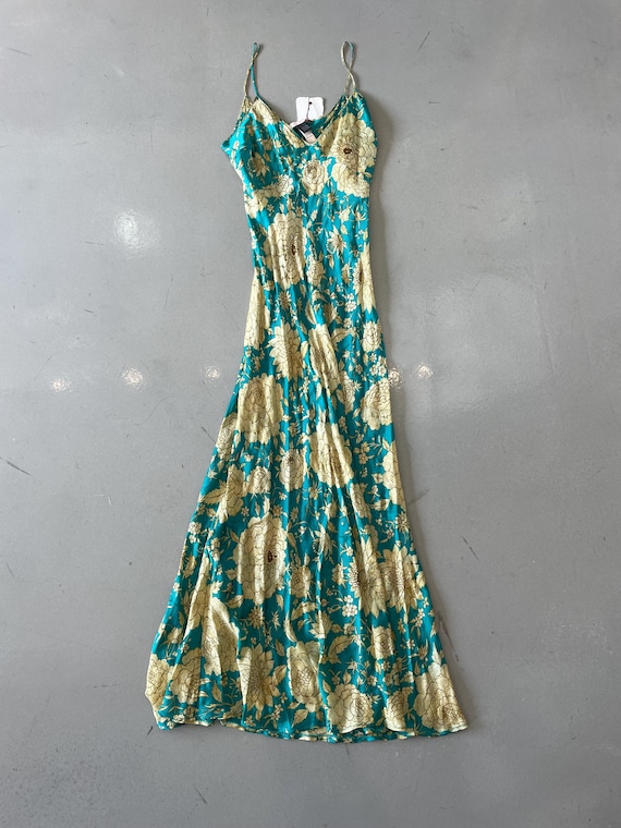 cream and turquoise dress Cream with Brown Turquoise Hostess Gown