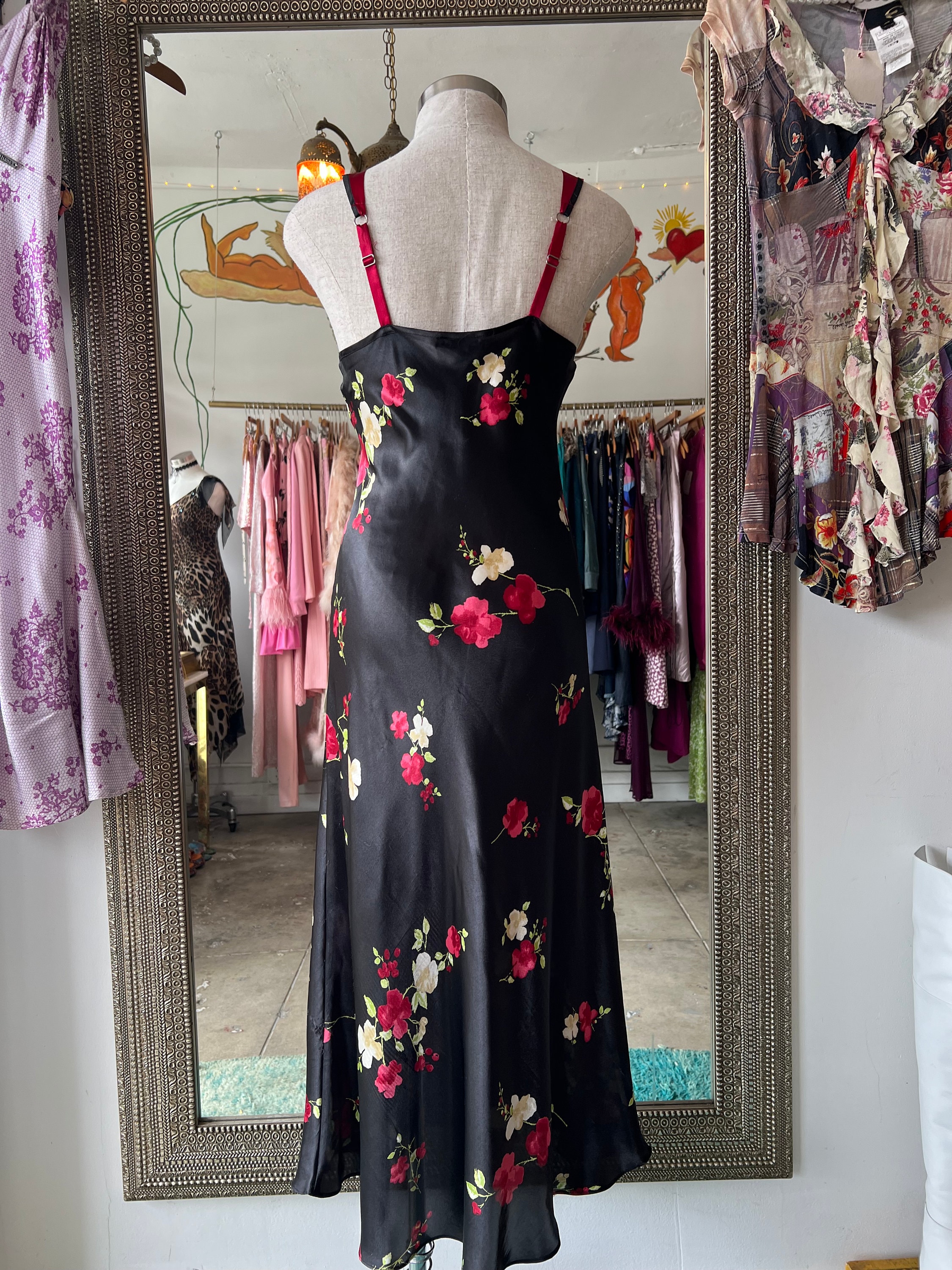 Black Slip Dress With Red and White Flowers