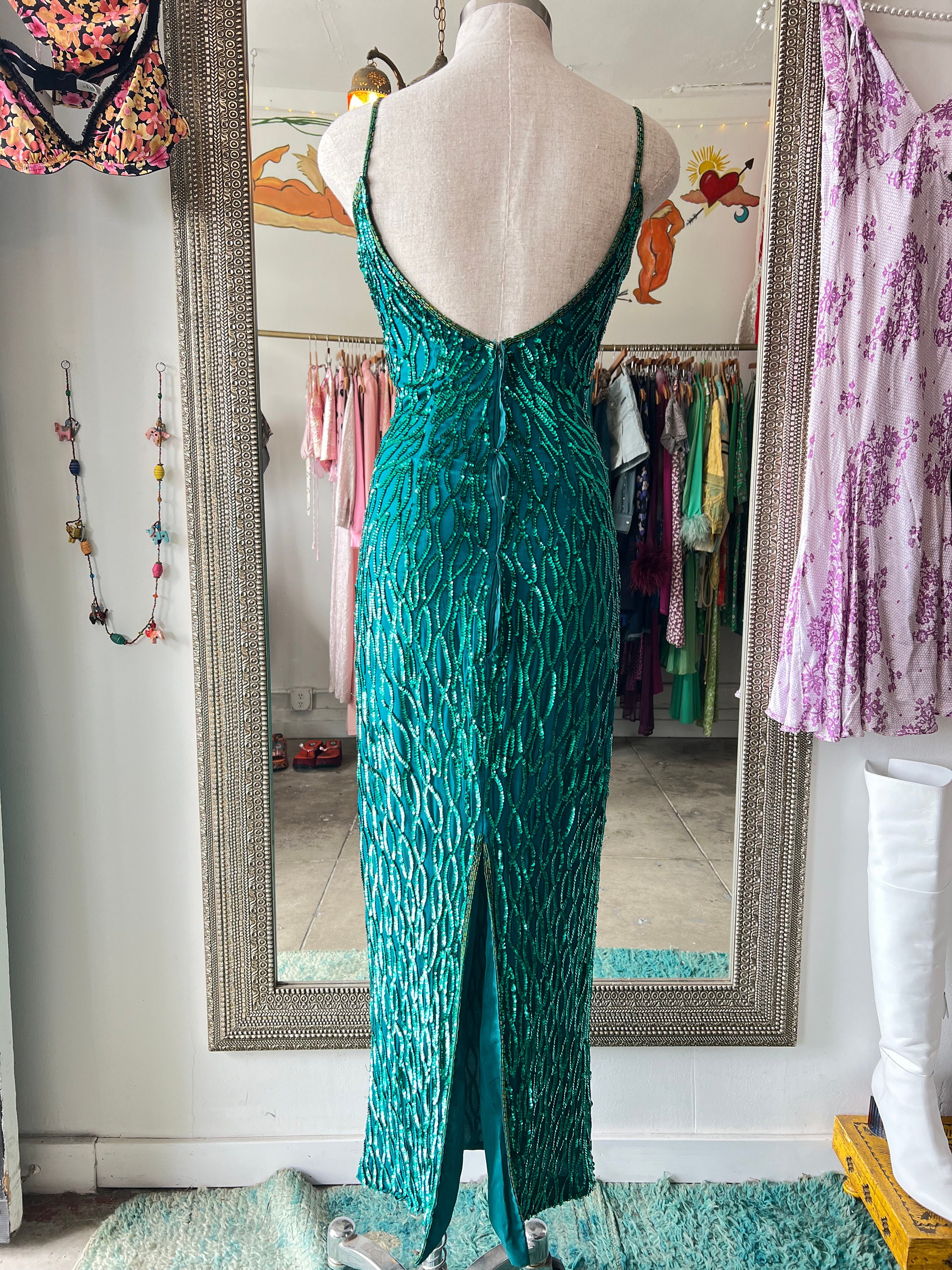 Vintage Sequin Silk Green Dress - Etsy