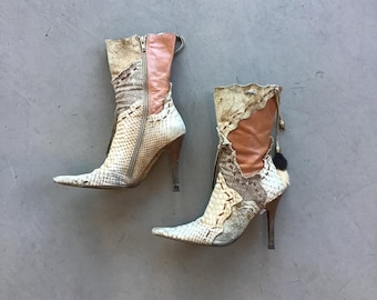 Bottines patchwork El Dante fauves à pompon en fourrure