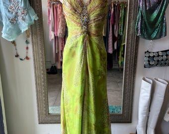 Lime Green Animal Print verschönerte Seidenkleid
