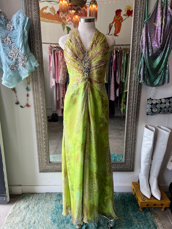 green emerald velvet dress Jade Animal Print Sleeveless Satin Midi Dress