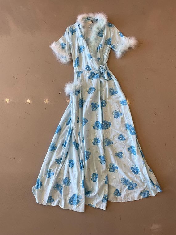 1970's Blue Floral Feather-lined Robe - Gem