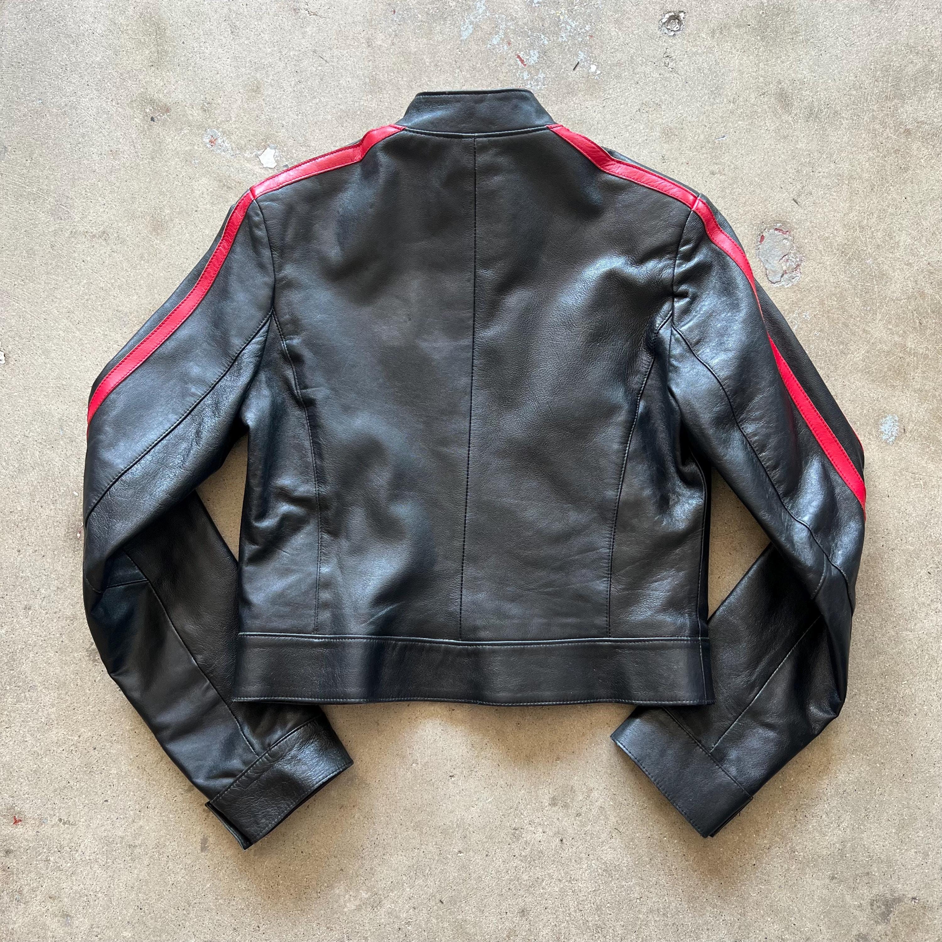 Black Leather Biker Jacket with Red Stripes