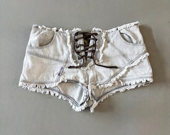 Anapa denim drawstring booty shorts with animal print detailing