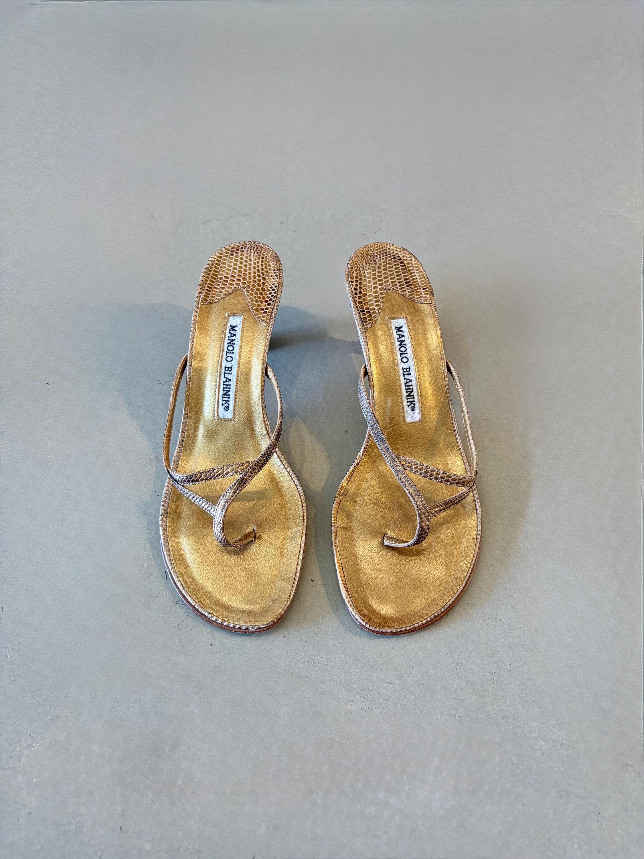 Manolo Blahnik Gold Snakeskin Kitten Heels - Etsy