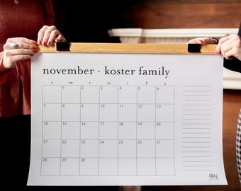 Large Personalized Monthly Wall Calendar with Wood Hanger - 12 months | 24"x18"