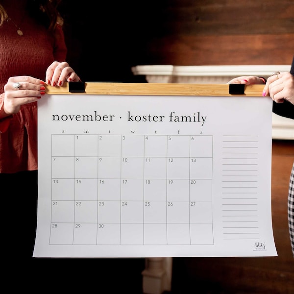Large Personalized Monthly Wall Calendar with Wood Hanger - 12 months | 24"x18"